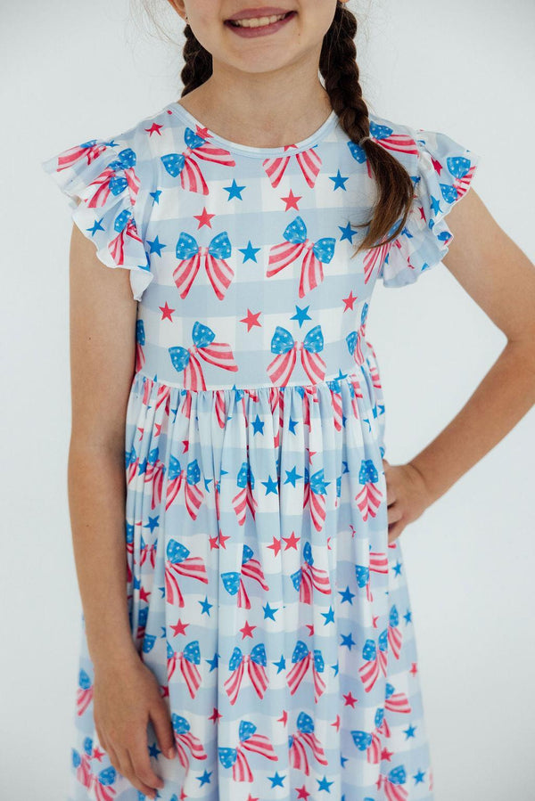 red-white-bows-flutter-sleeve-twirl-dress Mila & Rose - Sophia's StyleTwirl Dress Flutter-1